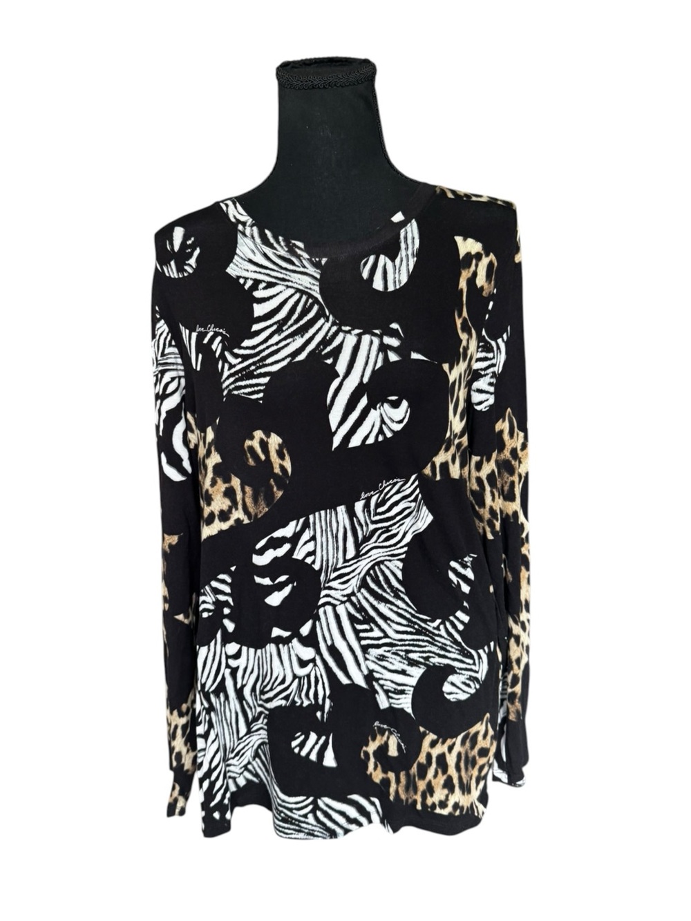 Chico’s Size 2 Large Animal Print Leopard Zebra Long Sleeve Stretch Tunic Top